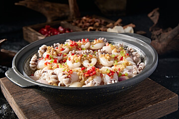 Chinese delicious seafood stone pot garlic pepper fried cuttlefish