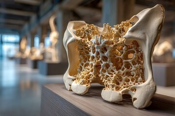 Pelvic bone exhibiting advanced osteoporosis displayed in a museum, highlighting the skeletal deterioration caused by the disease and serving as an educational tool for visitors