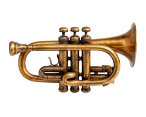 Old brass trumpet isolated on transparency background, showing vintage musical instrument with worn texture and classic design, evoking nostalgia and artistic charm