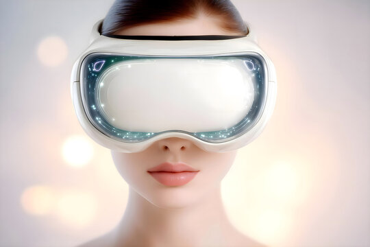 Futuristic woman wearing advanced virtual reality headset