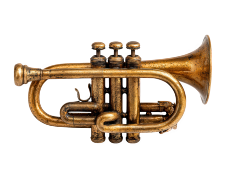 Old brass trumpet isolated on transparency background, showing vintage musical instrument with worn texture and classic design, evoking nostalgia and artistic charm