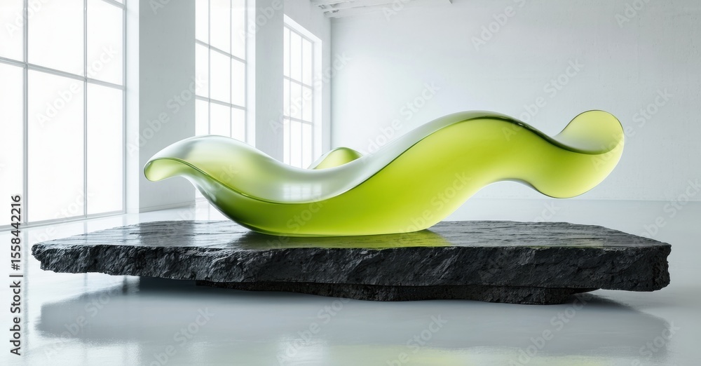 Poster glass sculpture rests upon dark stone base. minimalist setting features bright window light, creatin
