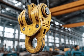 Industrial crane hook hanging in a warehouse, showing the strength and reliability of lifting equipment in heavy industries, ensuring safe and efficient material handling