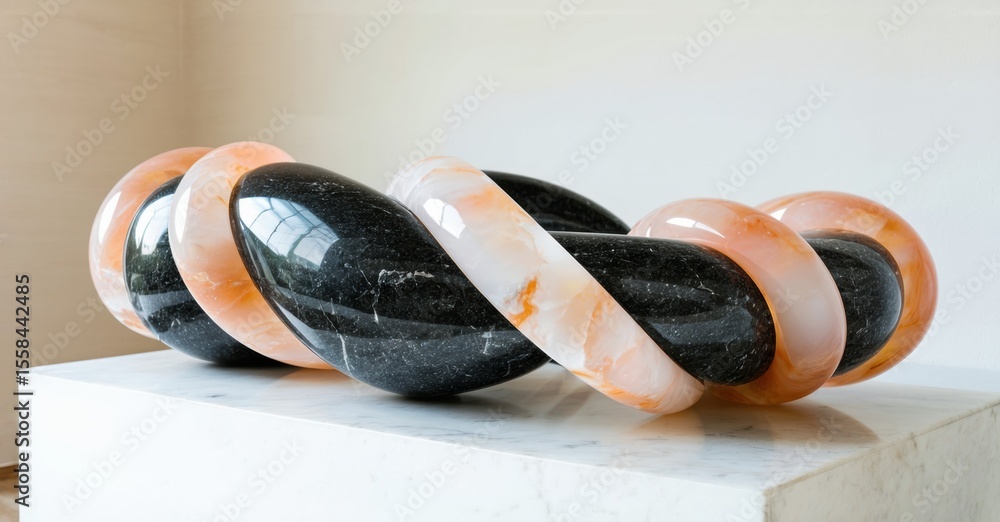 Poster abstract sculpture features twisting forms. black, orange marble creates dynamic visual contrast. mo