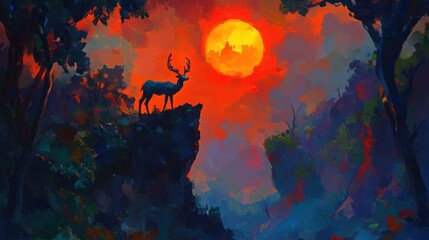Deer atop craggy peak, vibrant sunset