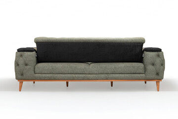 Close-up of the back mechanism of a stylish convertible sofa bed, highlighting the two-tone fabric...