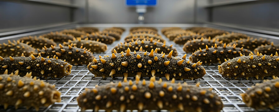 Korean Dried Sea Cucumber (Haesam). dehydrated sea cucumbers on stainless steel trays, automated humidity-controlled drying