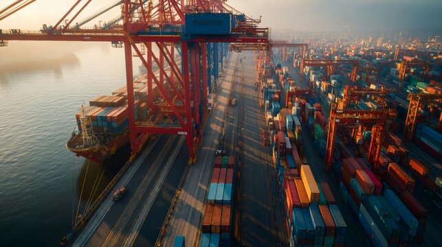 Container ships are docked at a modern port terminal, with cranes loading and unloading cargo containers while the sun rises over the horizon, illuminating the busy hub