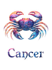 Cancer zodiac sign. Watercolor astrology symbol with cosmic art style