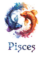 Pisces zodiac sign. Watercolor astrology symbol with cosmic art style