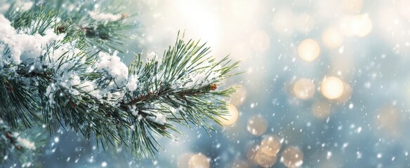 The Snow-Covered Pine Branch Glimmers in a Winter Wonderland Background.