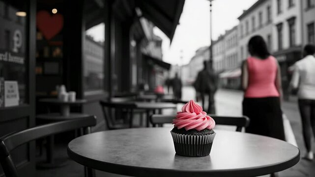 A delightful pink cream cake stands alone on a table at a street cafe, adding a pop of color to the otherwise gray and dreary surroundings as people walk by on a gloomy day.