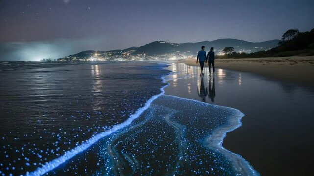 A futuristic summer beach at sunset, where glowing bioluminescent waves light up the shore, casting neon reflections as people walk along the water&rsquo;s edge 