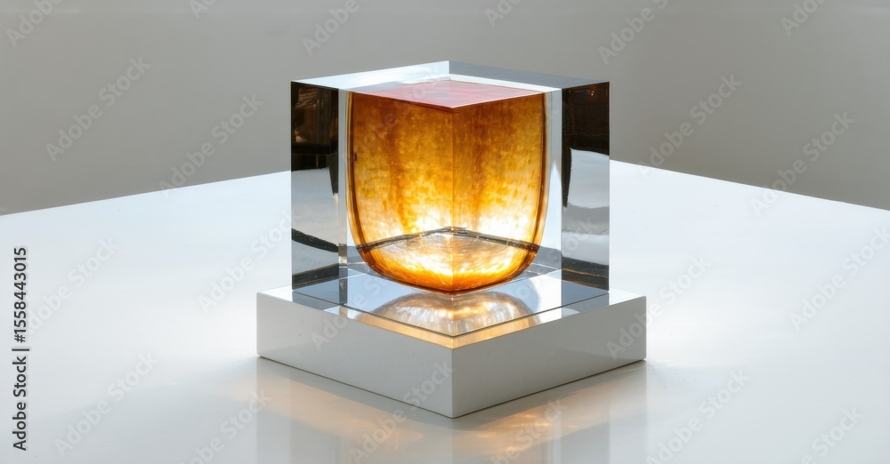 Poster Sculpture features amber block encased within clear geometric forms. Minimalist design, bright lighting, reflective surfaces create visual interest.