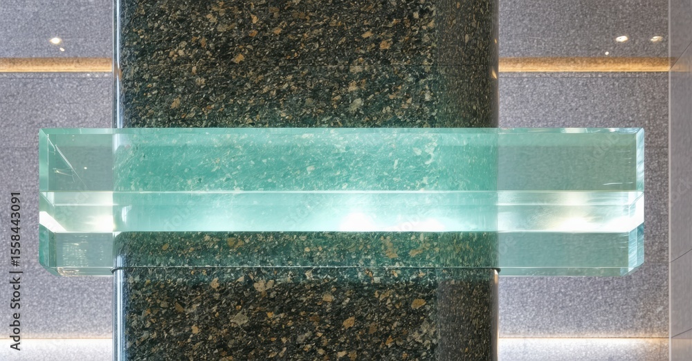 Poster Glass beam suspended between marble columns. Light shines through creating soft glow, modern interior design element.