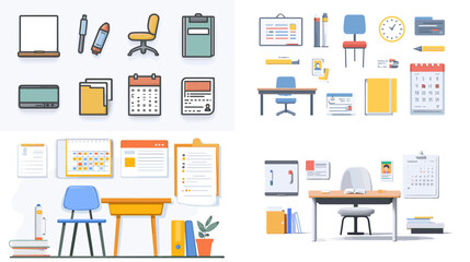 Flat vector illustration of office supplies and workspace essentials including desk, chair, calendar, folder, monitor, and clipboard for productivity and work organization content.

