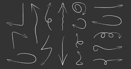 White Chalk Hand Drawn Arrows. Grunge different elements, scribble in doodle style. Grunge abstract Chalk, Crayon Pencil. Vector illustration on black background.
