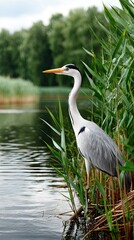 Fototapeta premium Elegant grey heron perches on reeds with sharp focus and striking features near summer waters
