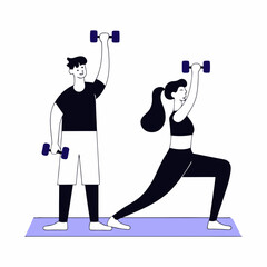 Fitness couple training with dumbbell cartoon vector illustration 