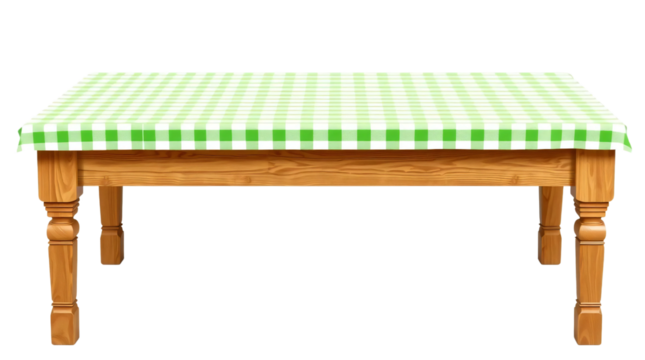 Empty wooden table with green gingham tablecloth isolated on transparent background - Powered by Adobe