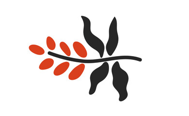 Flat icon of abstract botanical branch with black leaves and red berries. Minimal vector illustration. Autumn nature and organic product concept for print and sticker.