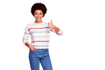Photo of wavy cute attractive toothy entrepreneur holding her hand in pocket showing you thumb up giving feedback about employees working wearing white striped sweater isolated pastel color background