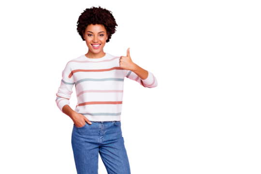 Photo of wavy cute attractive toothy entrepreneur holding her hand in pocket showing you thumb up giving feedback about employees working wearing white striped sweater isolated pastel color background