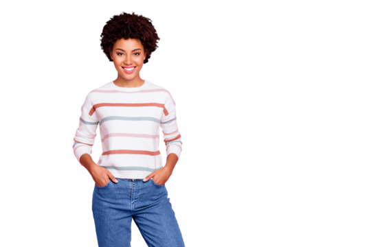 Photo of cheerful creative smart clever attractive worker standing with hands in pockets wearing white striped sweater near empty space isolated over pastel color background