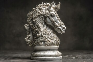 White ornate horse head chess piece with bridle and baroque decorations standing on a marble base, creating a luxurious and strategic atmosphere