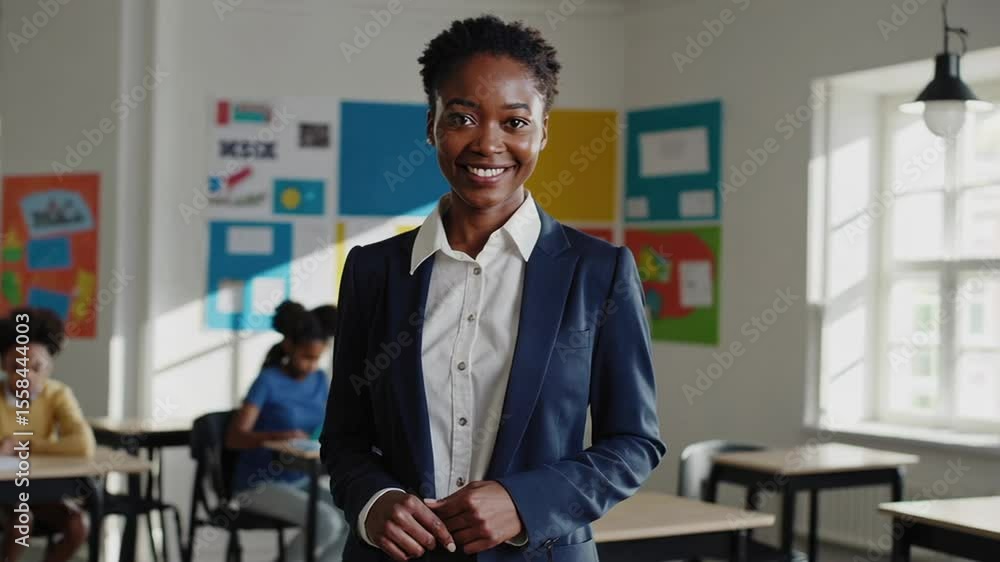 Poster professional black female educator smiling confidently while monitoring elementary students working 