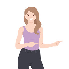 Smiling Woman Pointing to the Side. Flat vector illustration isolated on white background
