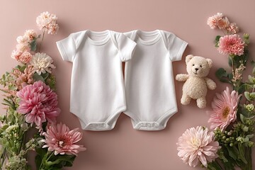 Two white baby bodysuits are lying on a pink background, surrounded by pink flowers and a small teddy bear, creating a sweet and delicate scene perfect for welcoming twins
