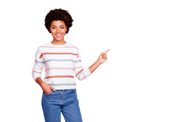 Photo of pretty dark skin wavy lady indicating finger to empty space showing good prices banner...