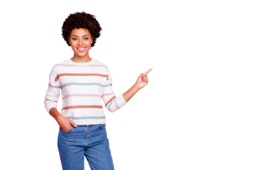 Photo of pretty dark skin wavy lady indicating finger to empty space showing good prices banner wear striped pullover isolated pastel pink color background