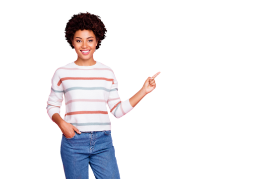 Photo of pretty dark skin wavy lady indicating finger to empty space showing good prices banner wear striped pullover isolated pastel pink color background