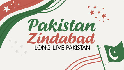 Illustration of pakistan zindabad text with flag and stars for independence day celebration design concept