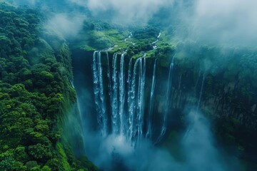 Drone shot of a cascading waterfall in a rainforest.