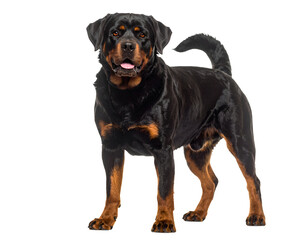 Obraz premium A striking Rottweiler dog stands poised and attentive, its strong presence and distinctive markings visible.