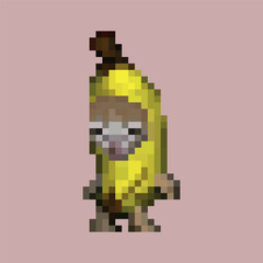 Pixel art of a cat-faced character in a banana costume on a pink background. A quirky, humorous design surreal vibes. 8-bit graphic