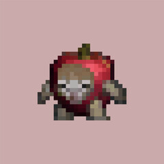 Pixel art of a cat-faced character in a red apple costume on a pink background. A surreal and humorous design with strong meme and internet culture appeal