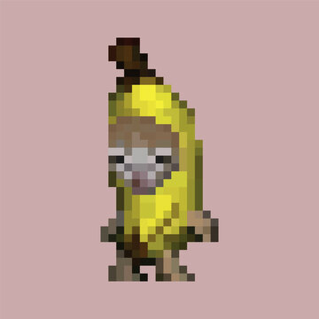 Pixel art of a cat-faced character in a banana costume on a pink background. A quirky, humorous design surreal vibes. 8-bit graphic
