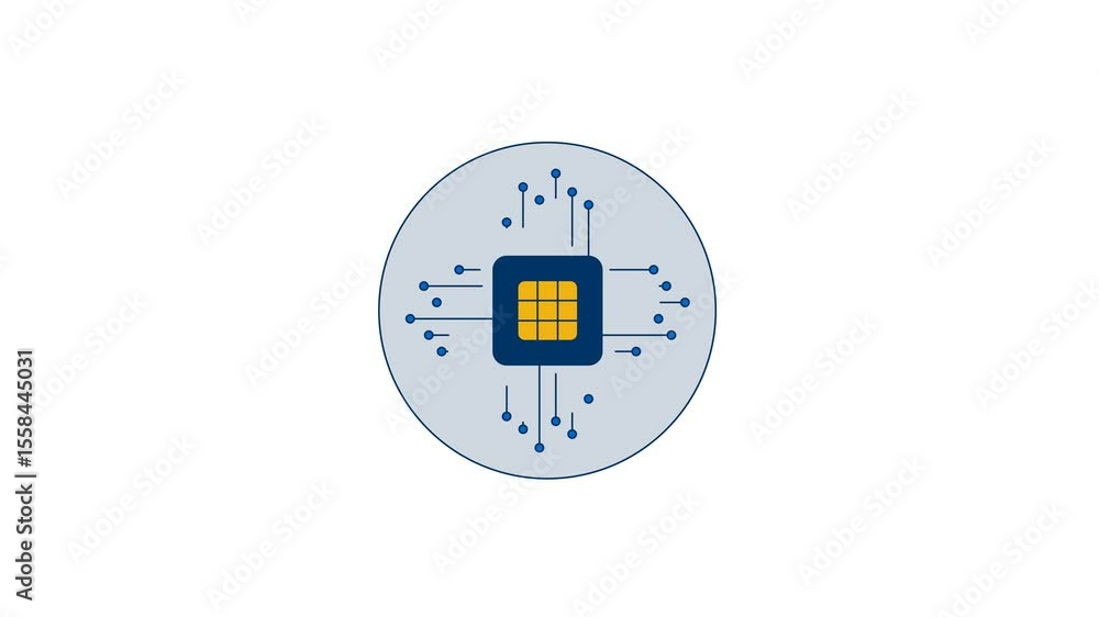 Poster abstract microchip circuit 2d cartoon round sticker object animation. processor chip circuitry. digi