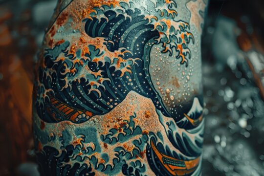 Close-up of a Japanese tattoo depicting a sea wave.