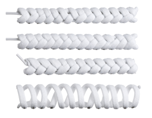 Elegant white shoelaces in various braided and coiled forms present versatile footwear accessories.