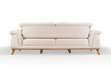 The back of an elegant cream sofa with its backrests partially folded, showing the convertible or...