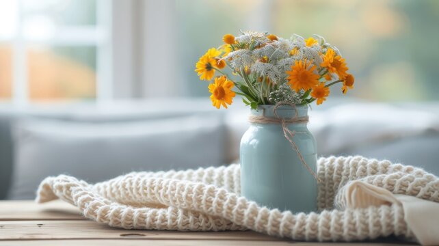 A repurposed wine bottle filled with wildflowers in a bohemian living room.