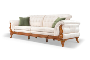 A beautiful cream-colored sofa with a classic design, wooden frame, and green pillows. Perspective view shot in a studio on a white background