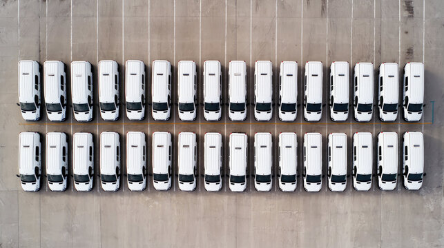 Fleet of white delivery vans parked in orderly rows at depot viewed from above, showcasing logistics, transportation and commercial vehicle management efficiency.