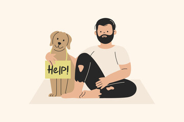 Homeless Man Sitting on Cardboard with a Dog Illustration