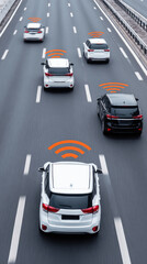 Connected autonomous cars driving on highway with wireless communication icons, illustrating smart transportation, vehicle networking and future mobility technology in modern traffic.